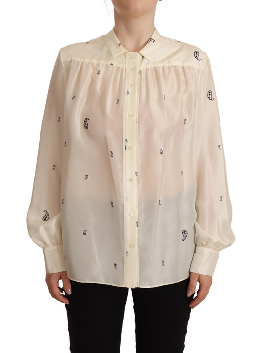 Off White 100% Silk Long Sleeves Collared Top Blouse