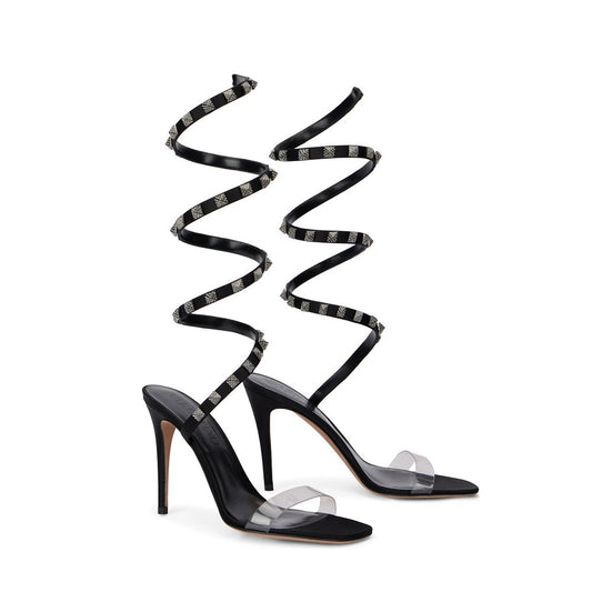 Black Lamb Leather Stiletto Heel Sandals