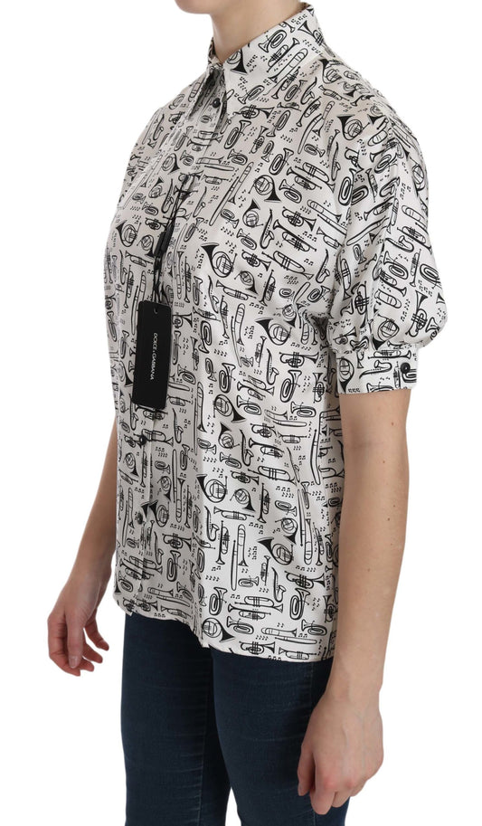 White Musical Instrument Collared Blouse Shirt