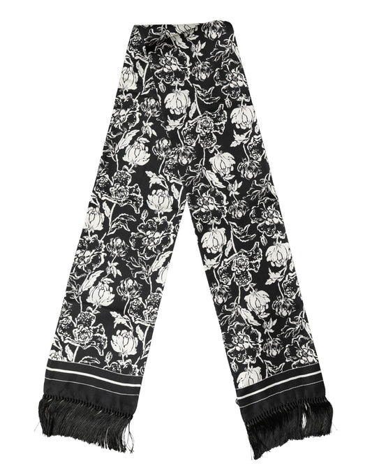 Black White Silk Floral Print Fringe 136cm X 15.5cm Scarf