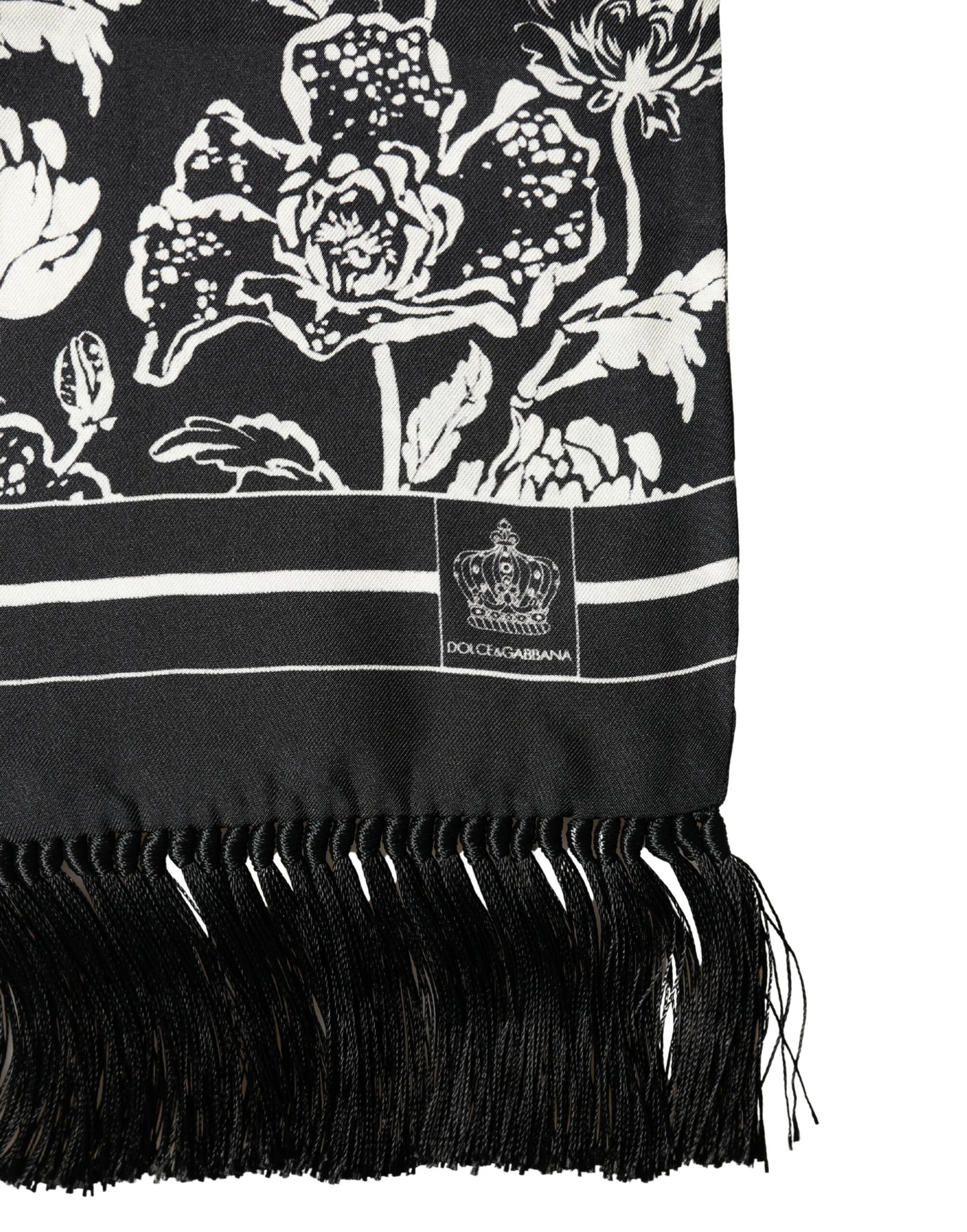 Black White Silk Floral Print Fringe 136cm X 15.5cm Scarf