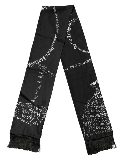 Black Logo Script Print Sik Foulard 137.5cm X 15cm Scarf