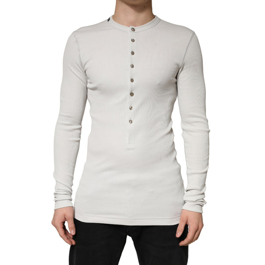 Gray Ribbed Cotton Long Sleeve Henley Sweater