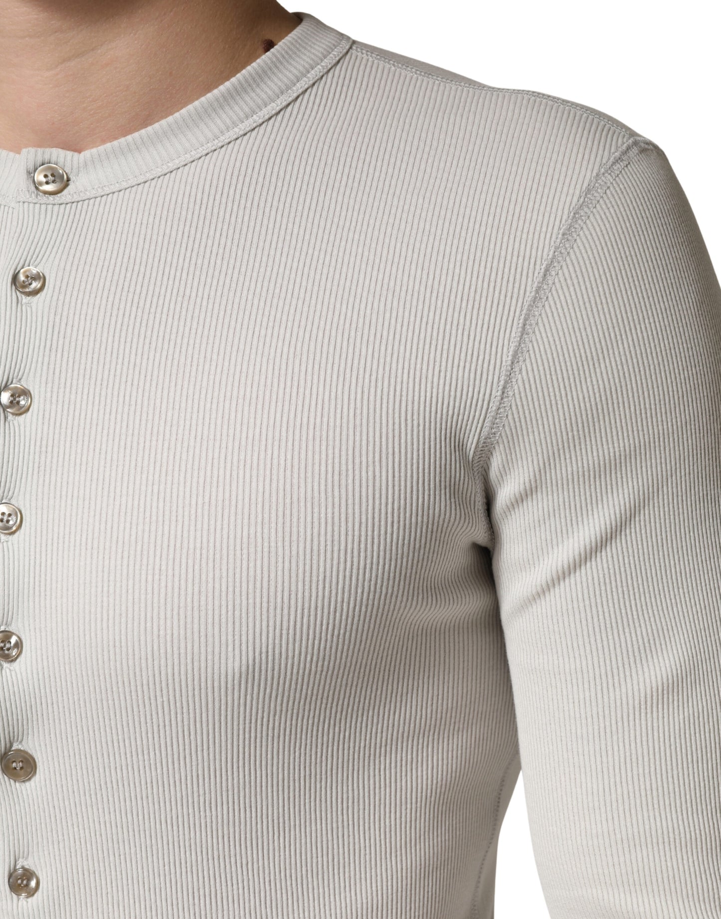 Gray Ribbed Cotton Long Sleeve Henley Sweater