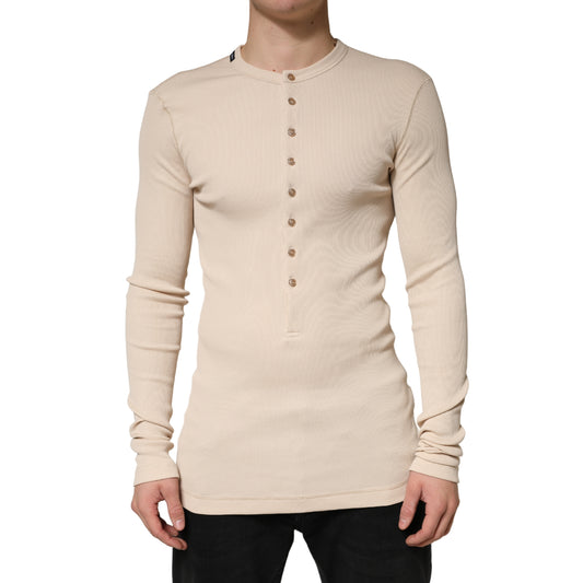 Beige Ribbed Cotton Long Sleeve Henley Sweater