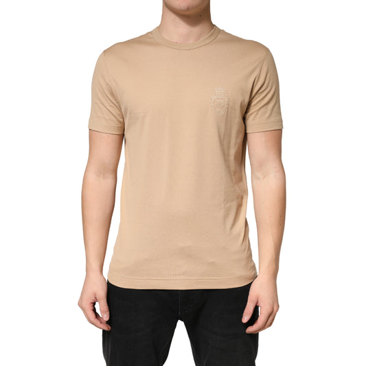 Beige Cotton Crewneck Short Sleeve T-Shirt