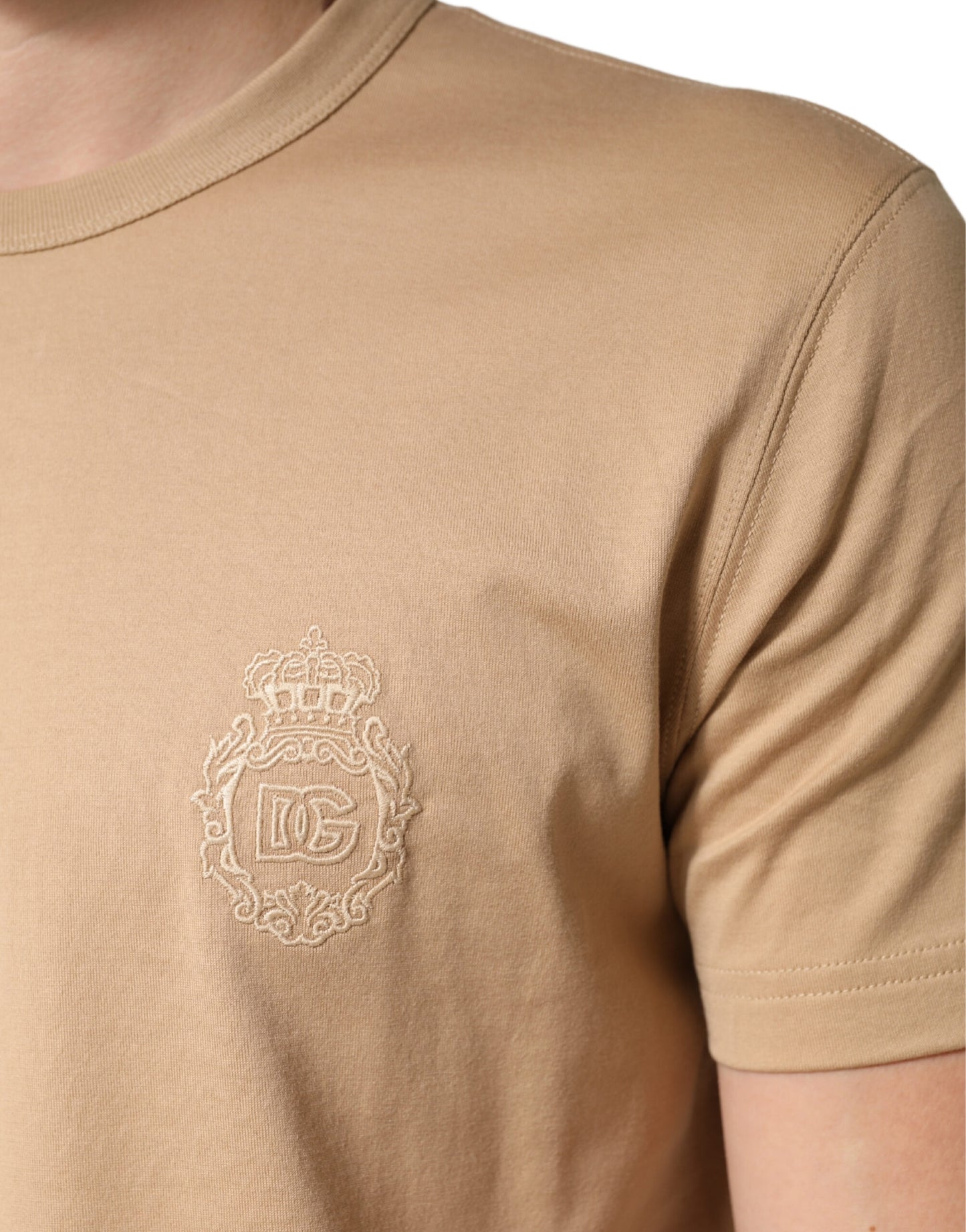 Beige Cotton Crewneck Short Sleeve T-Shirt