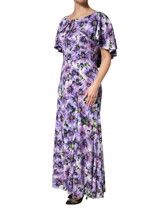 Purple Floral Silk Stretch Elegant Gown Dress