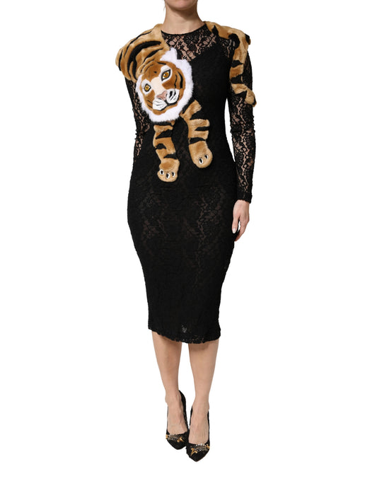 Black Lace Faux Fur Tiger Appliqué Sheath Dress