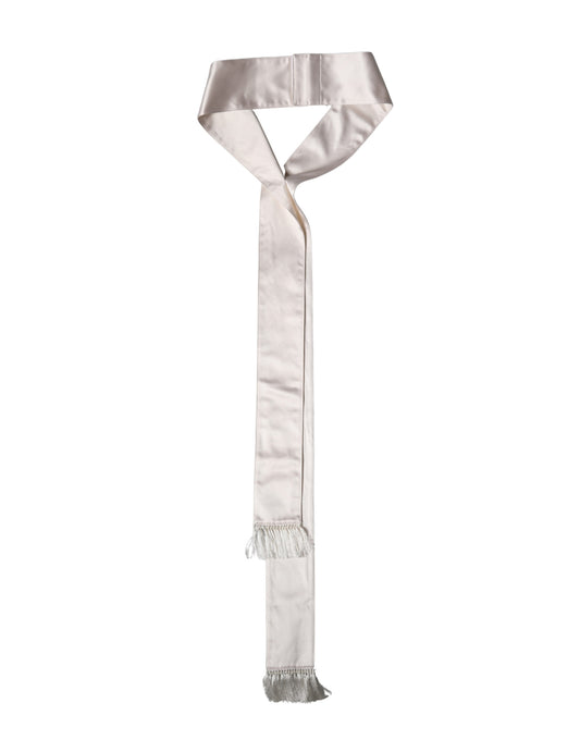 White Silk Satin Fringes Foulard 282cm x 10cm Men Scarf
