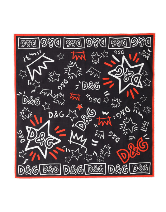 Black White Red DG Crown Cotton Foulard 47cm x 46cm Scarf