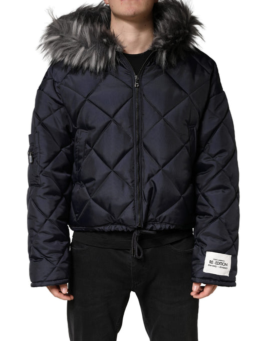 Black Quilted Fur Shearling Hooded Jacket