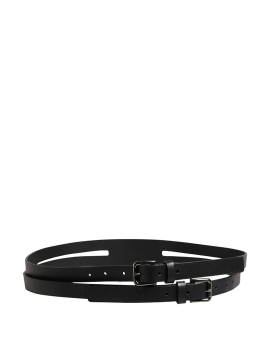 Black Double Strap Leather Silver Buckle Belt