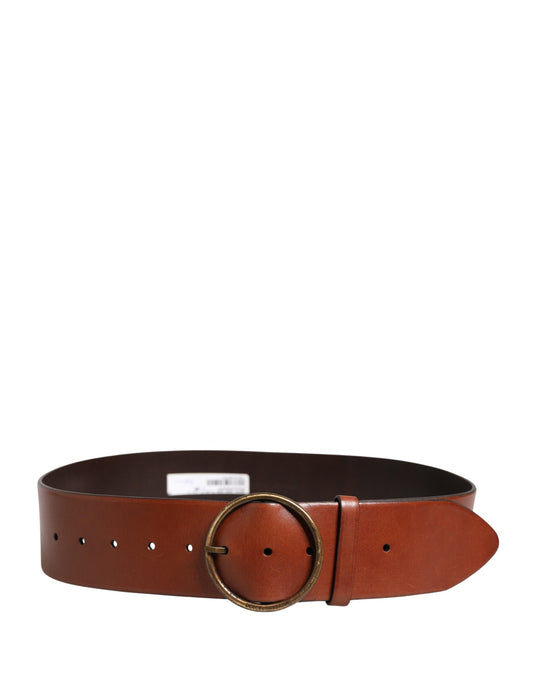 Men Brown Leather Wide Waist Metal Round Buckle Belt
