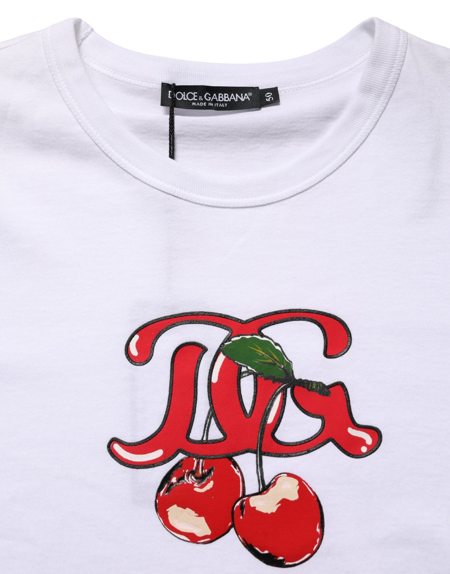 White DG Cherries Cotton Crew Neck T-shirt