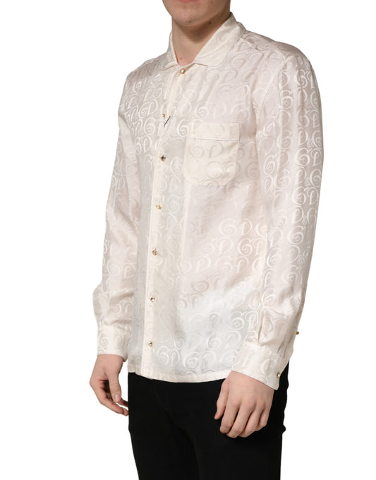 White Silk Long Sleeve Tonal Logo Print Shirt