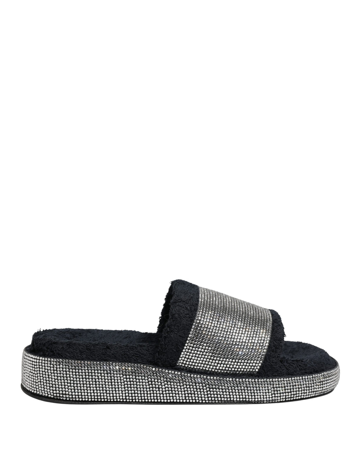 Black Crystal Embellished Platform Slides Shoes