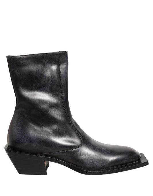 Black Leather Shiny Tex Mid Calf Boots Shoes