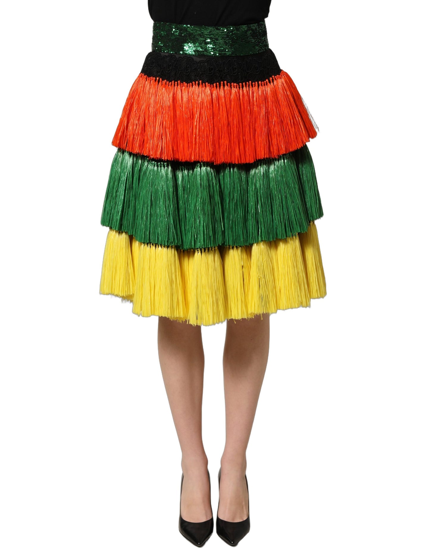 Multicolor Fringe Sequin High Waist Knee Length Skirt