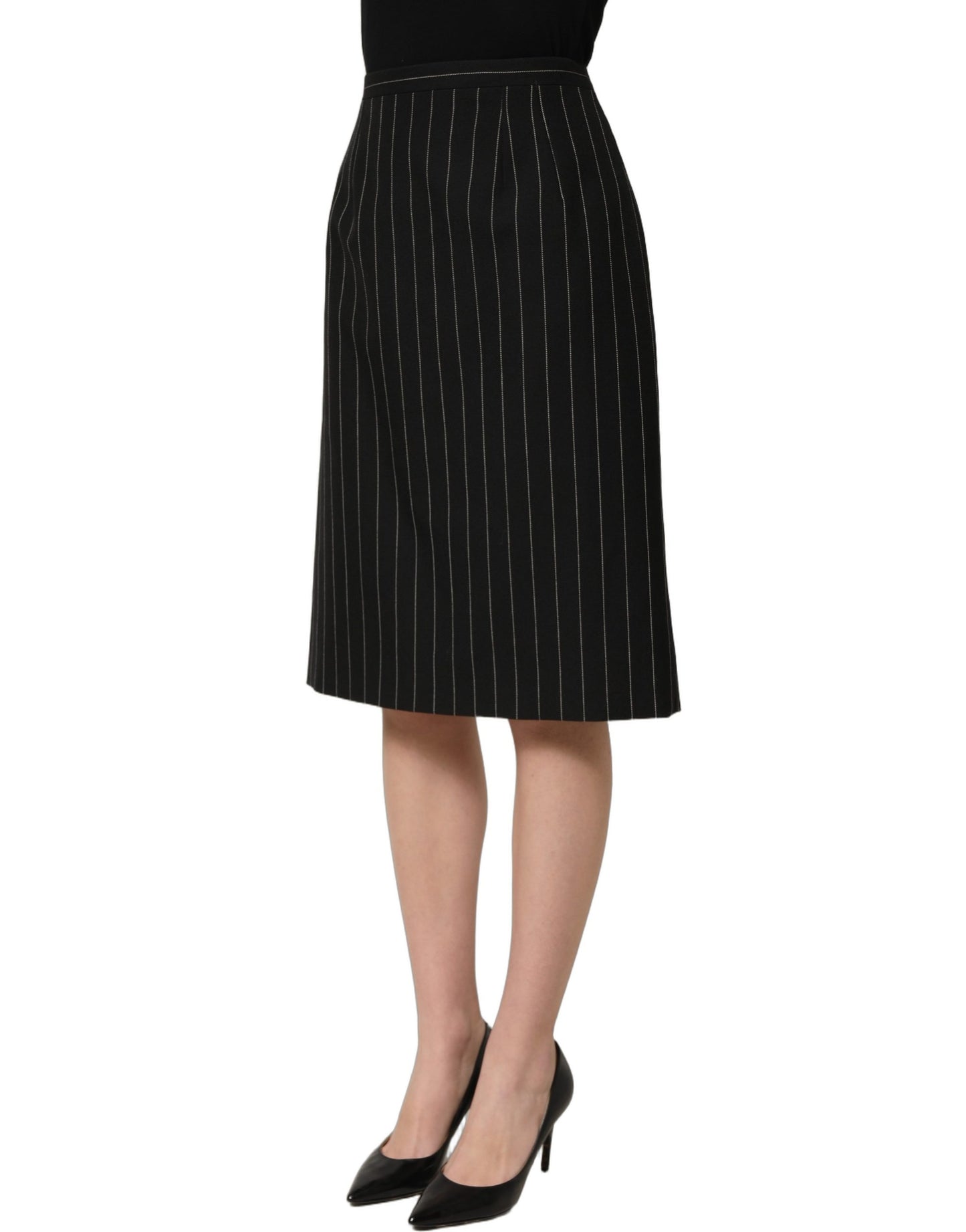 Black Pinstriped HighWaist Pencil Cut Skirt