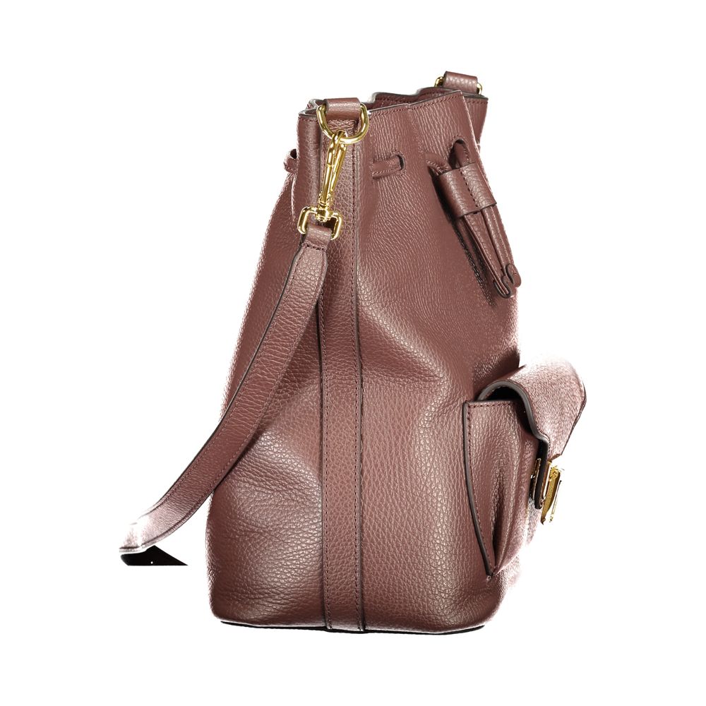 Brown Leather Women's Bag with Drawstring Twist Closure and Pocket