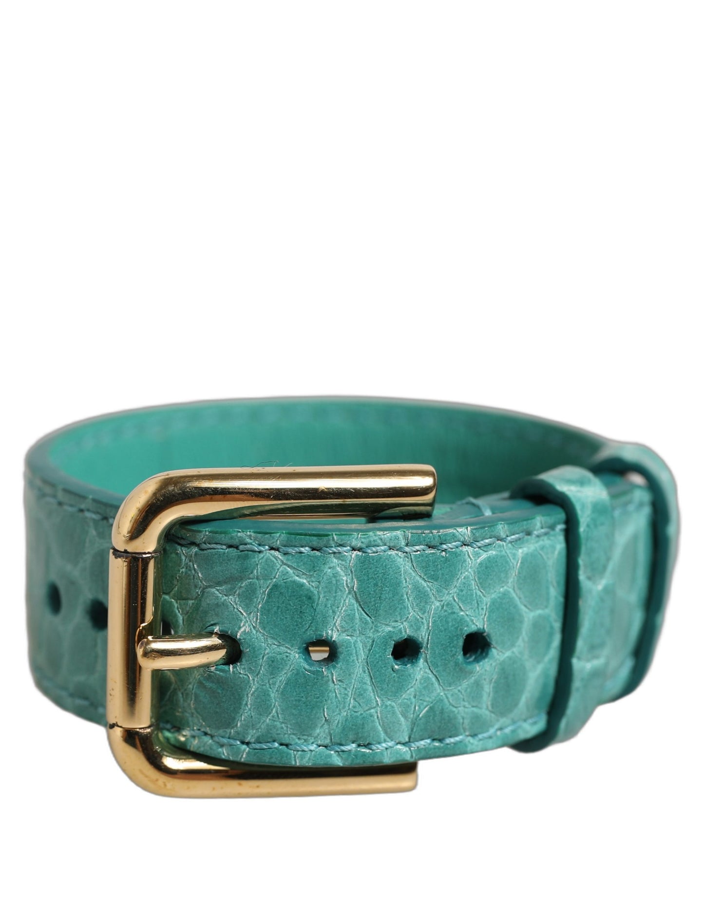 Blue Embossed Leather Gold Buckle Belt Strap Bracelet