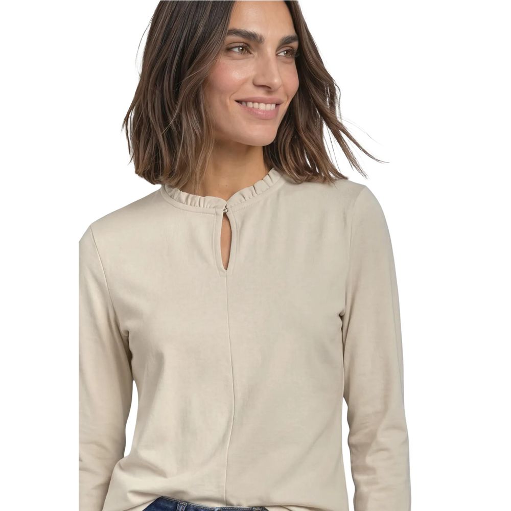 Beige Cotton Long Sleeve T-Shirt