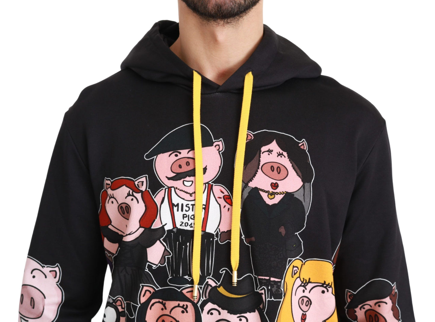 Chic Black Multicolor Motive Hooded Sweater