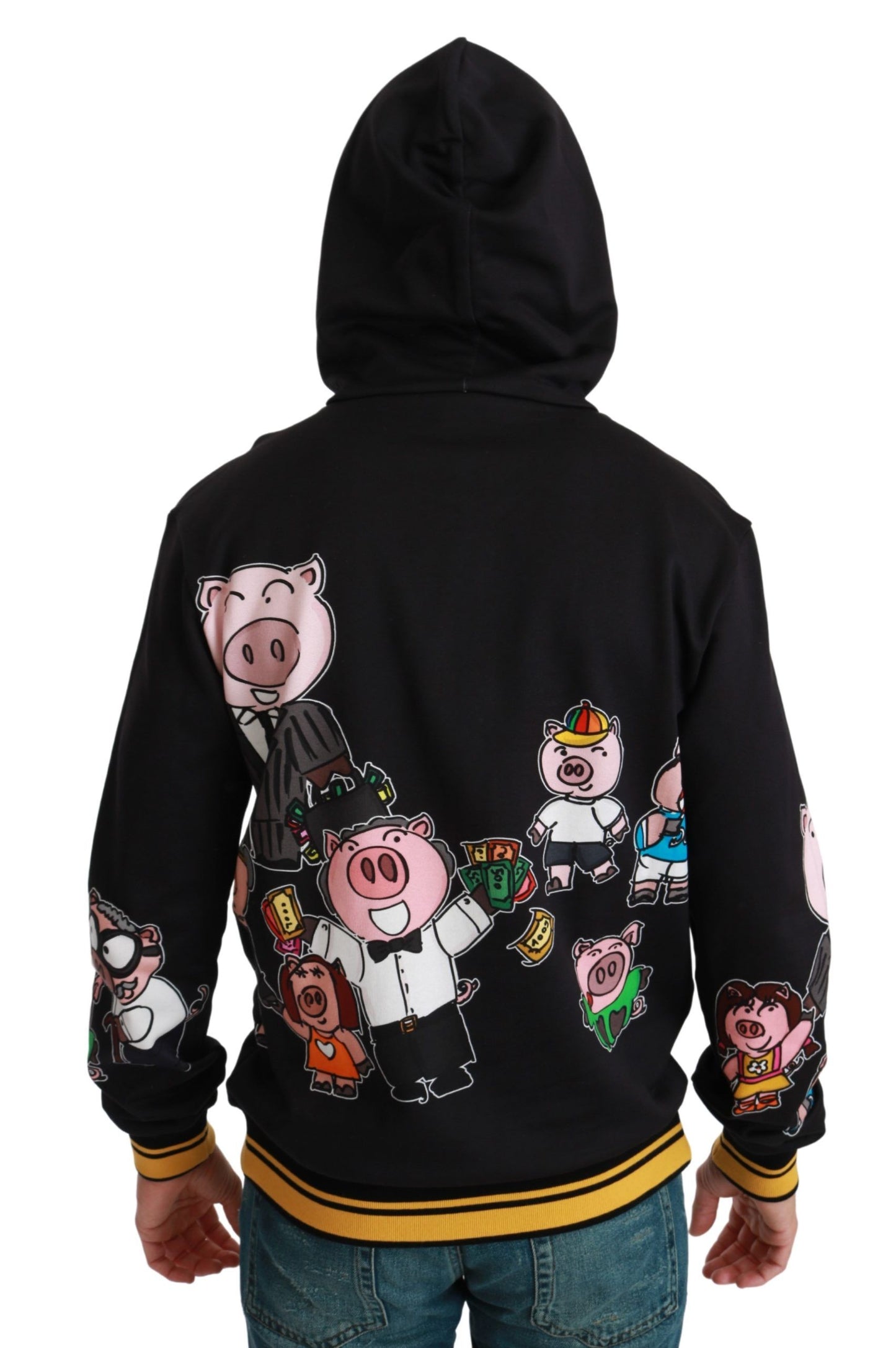 Chic Black Multicolor Motive Hooded Sweater