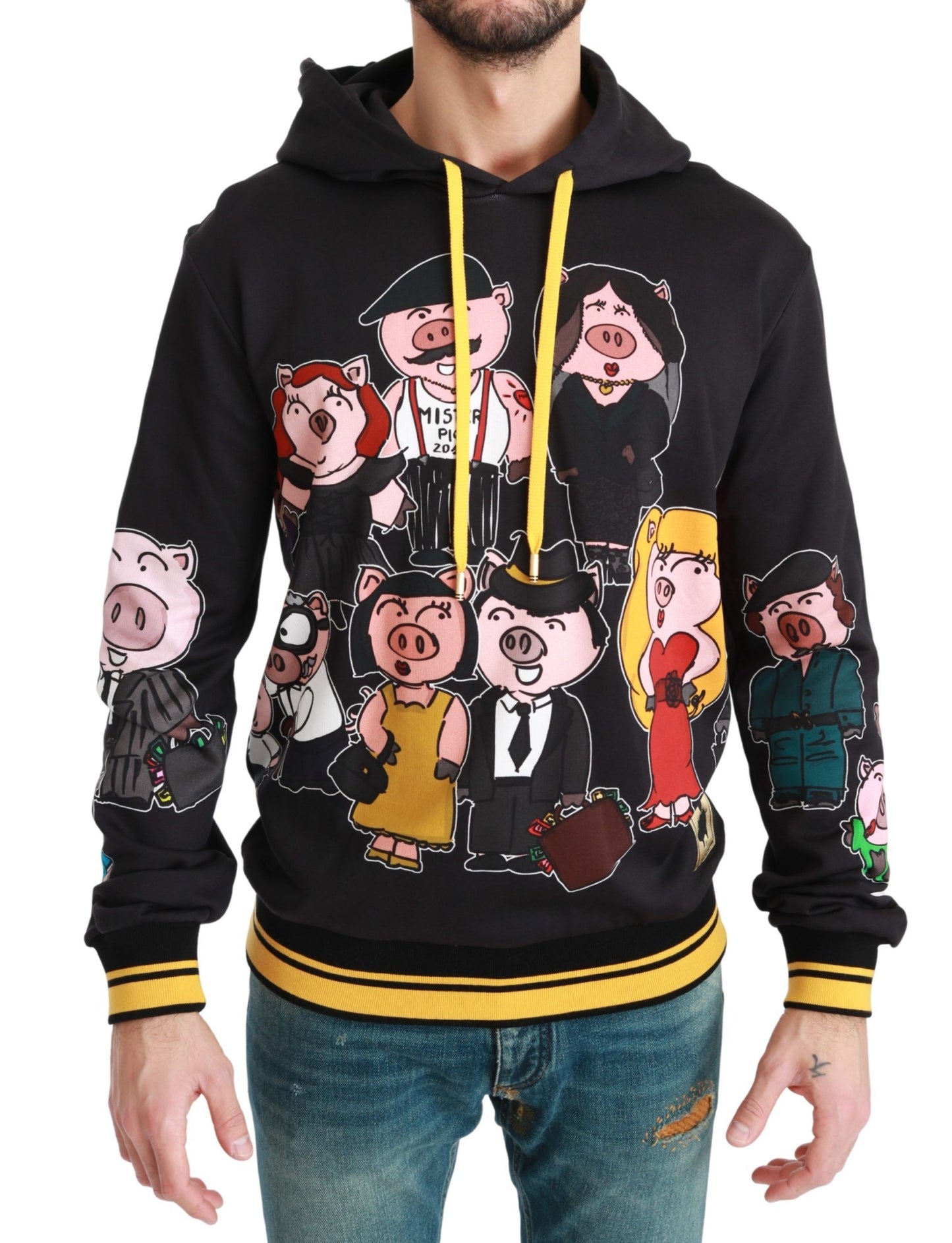 Chic Black Multicolor Motive Hooded Sweater