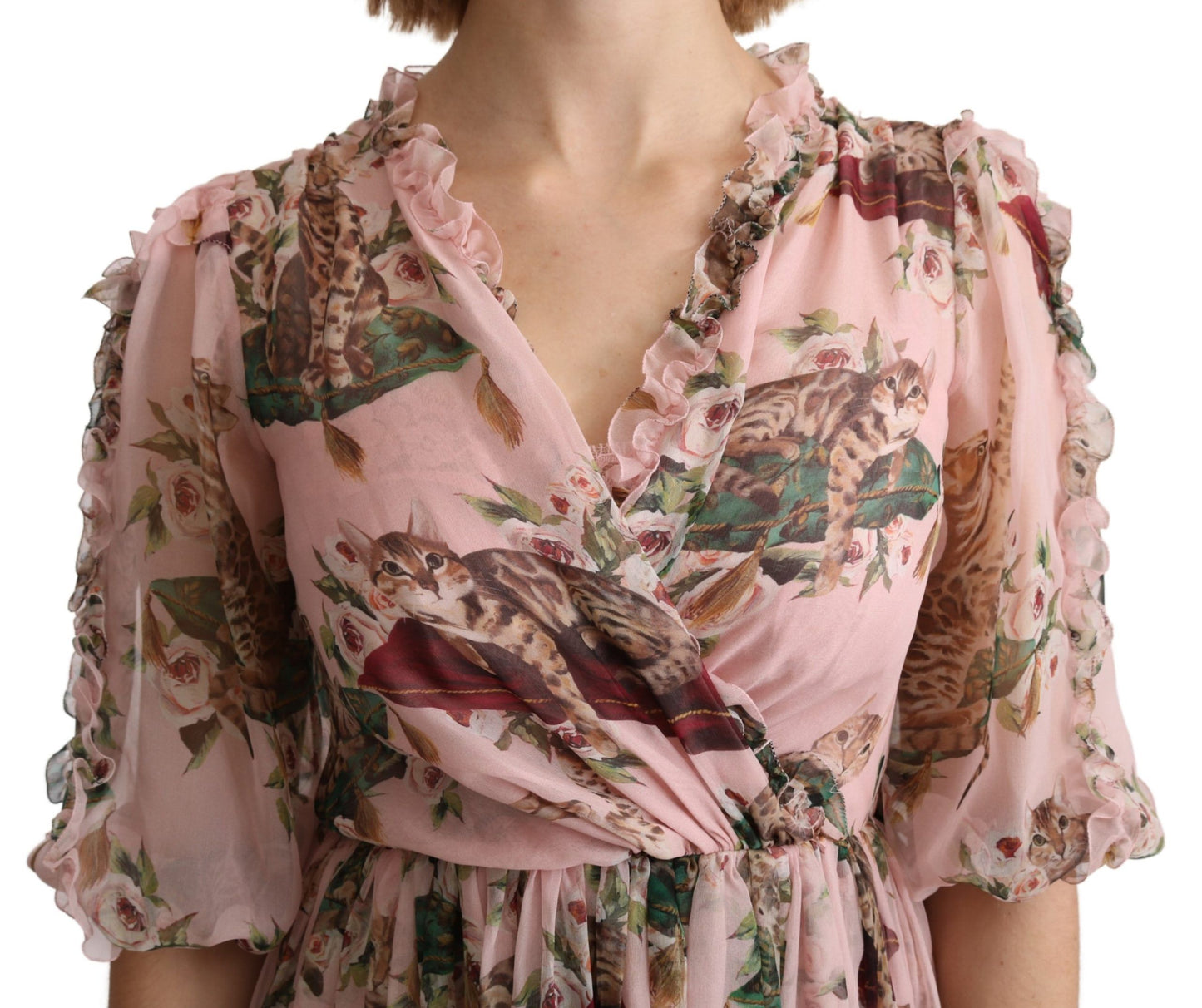 Pink Bengal Cat Print A-line Maxi Silk Dress