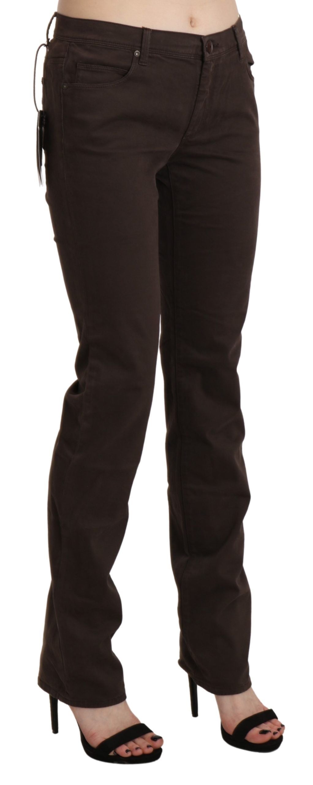 Brown Mid Waist Skinny Slim Trouser Cotton Jeans