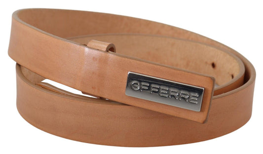 Elegant Light Brown Leather Belt with Logo Buckle