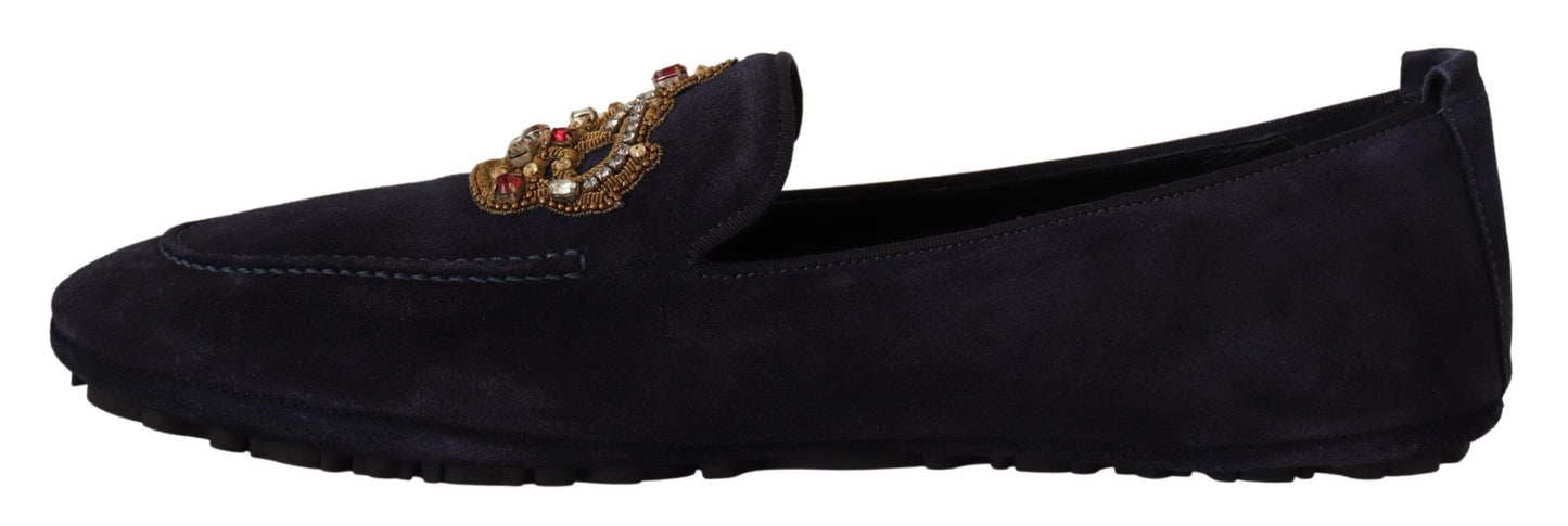 Crystal Crown Embellished Suede Loafers