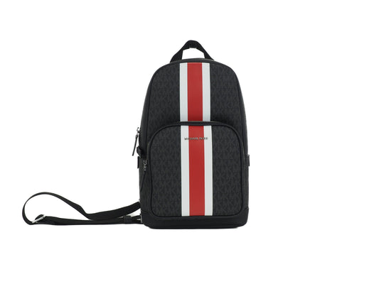 Cooper Medium Signature PVC Varsity Stripe Commuter Slingpack Crossbody Bag (Black Signature/Flame Red)