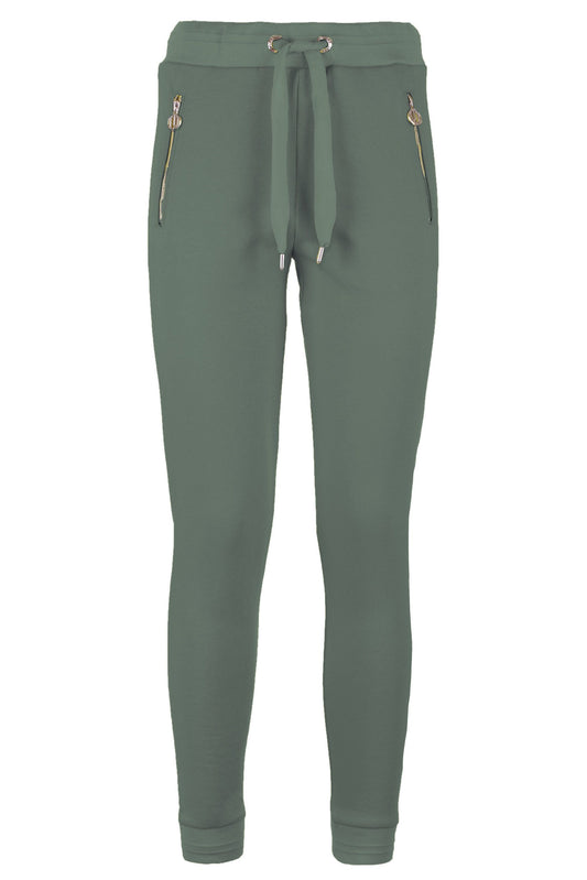 Chic Green Stretch Sweatpants with Brass Accent
