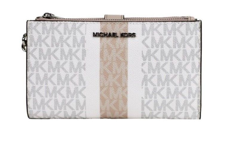 Jet Set Light Sand Multi Striped PVC Large Double Zip Wrist Wallet