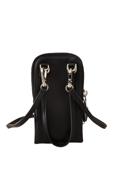 Sleek Black Leather Phone Pocket Neck Strap
