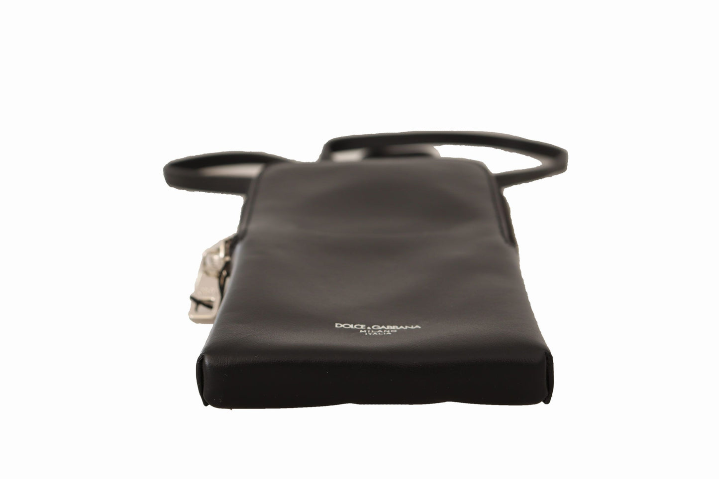 Sleek Black Leather Phone Pocket Neck Strap