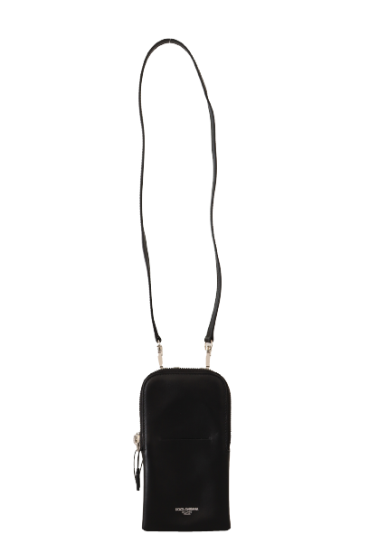 Sleek Black Leather Phone Pocket Neck Strap