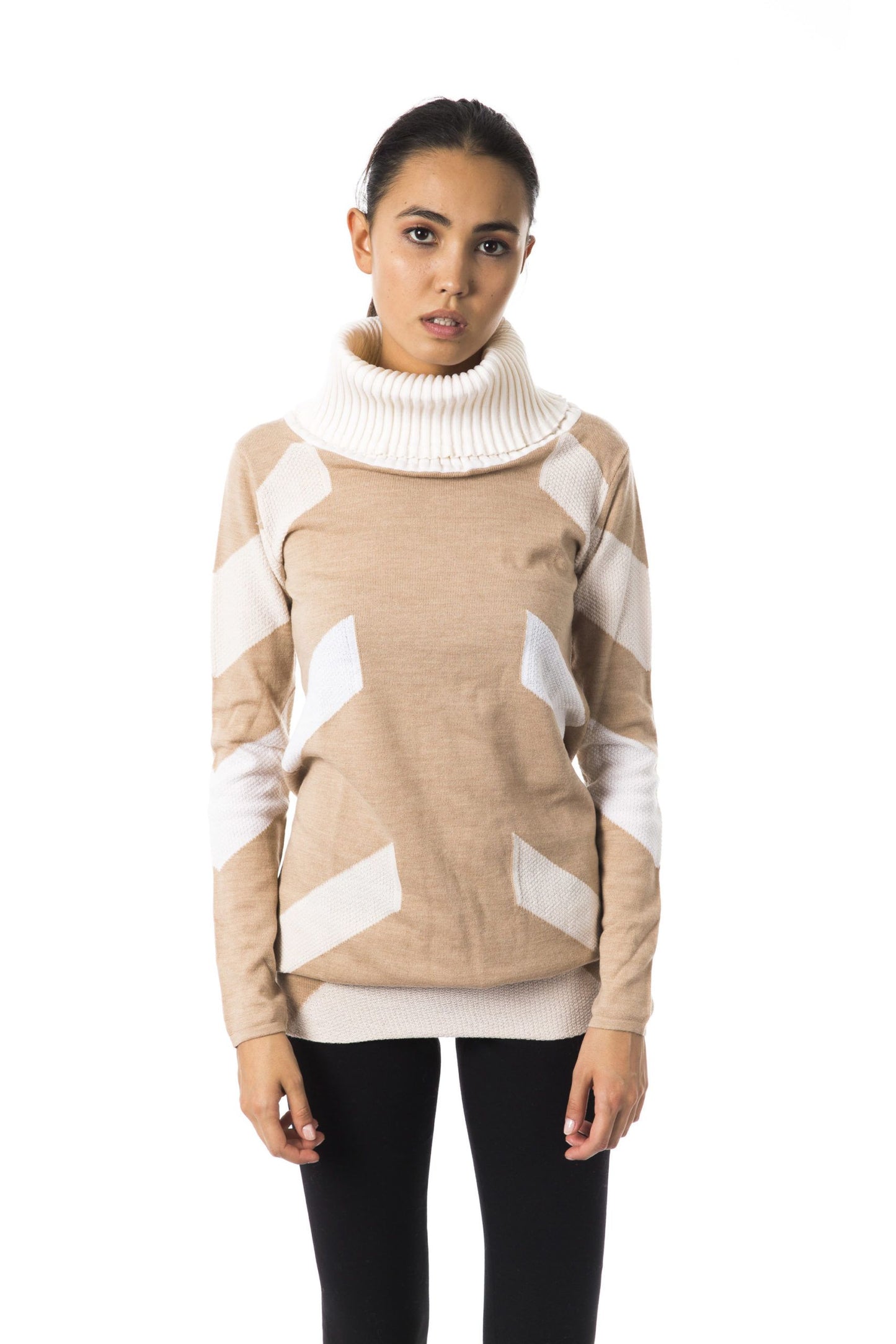 Beige Merino Women Sweater Turtleneck Pullover
