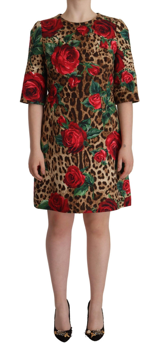 Elegant Leopard & Rose Print Shift Dress