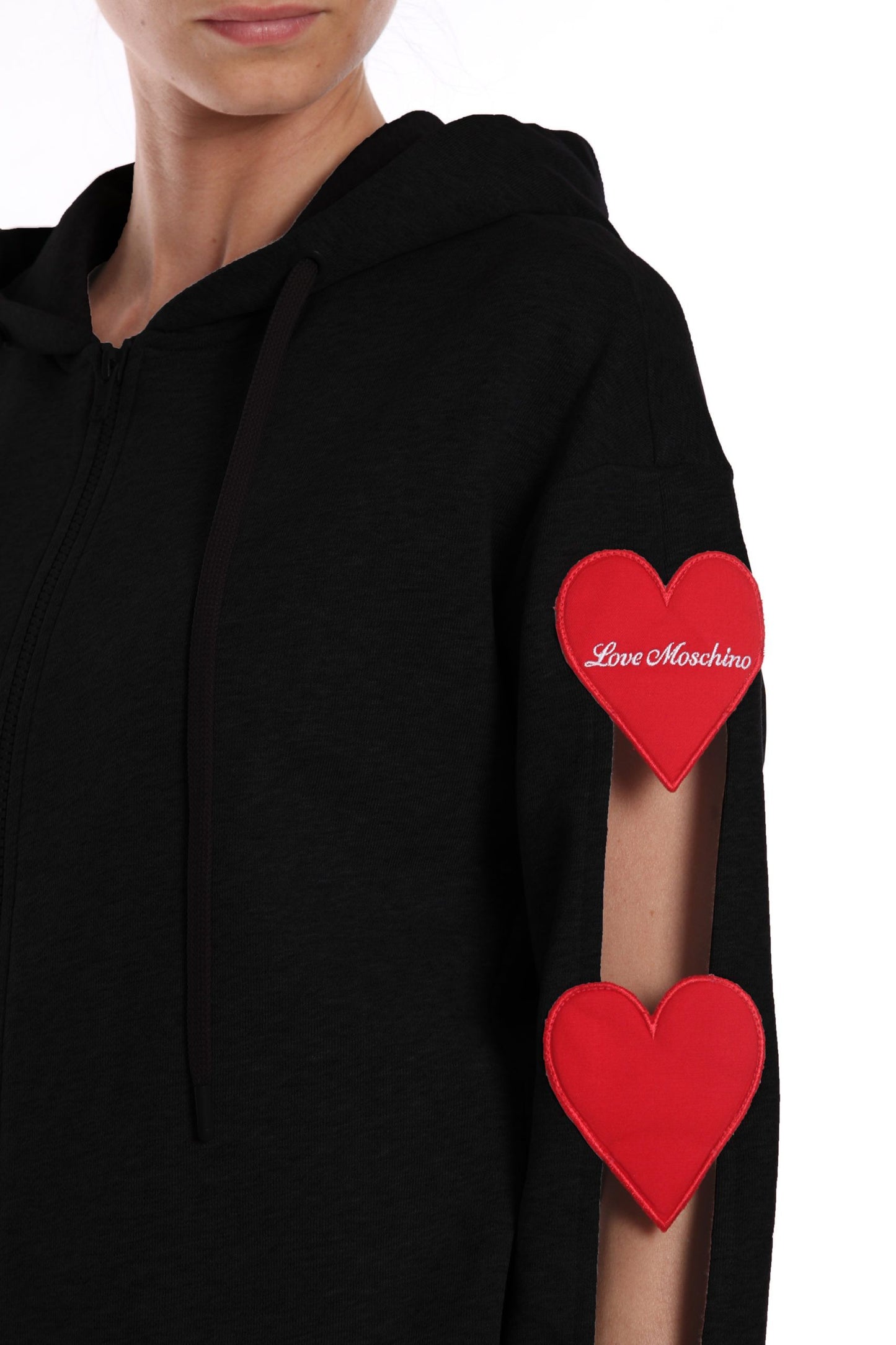 Black Cotton Women Sweater with Embroidered Hearts