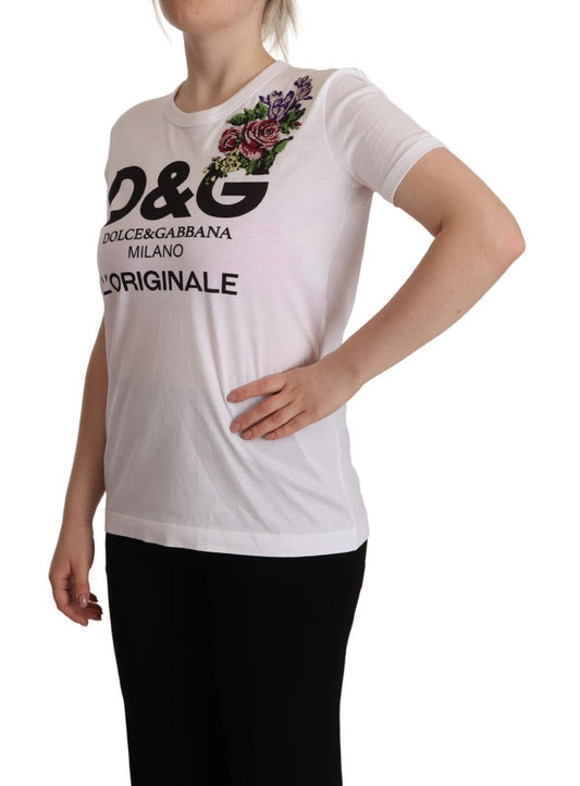 Elegant Floral Embroidered Crew Neck Tee