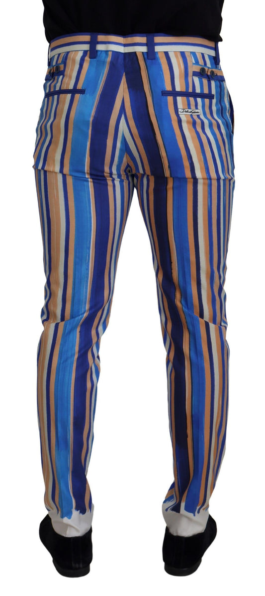 Blue Striped Silk Cotton Slim Trousers Pants