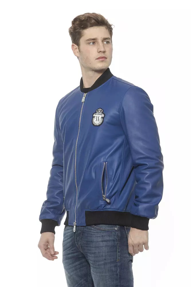Blue Leather Men's Bomber Jacket