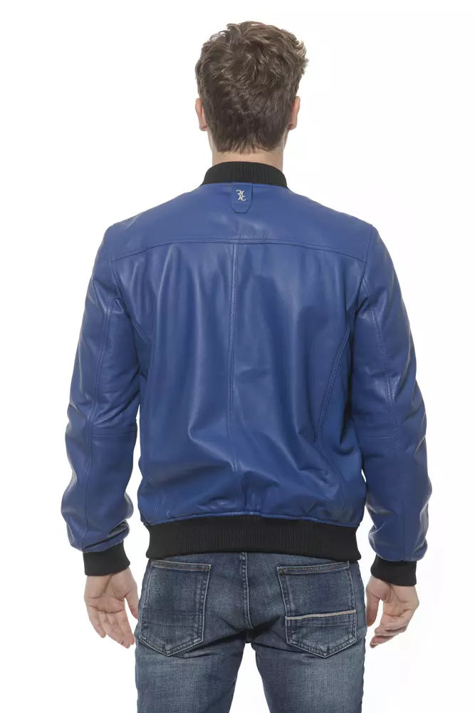 Blue Leather Men's Bomber Jacket
