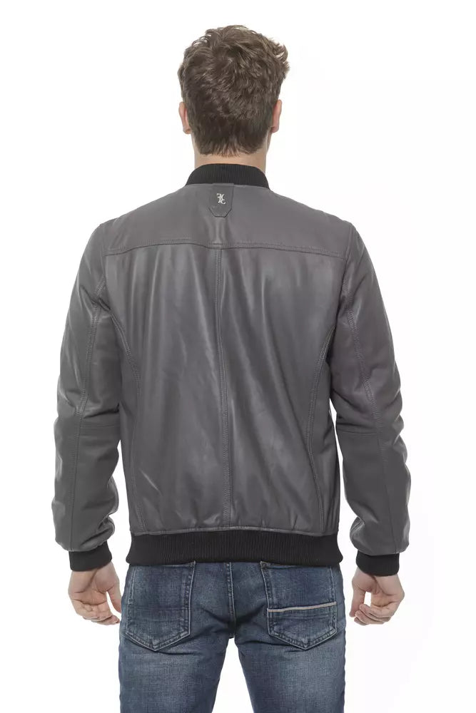 Gray Leather Men's Bomber Jacket