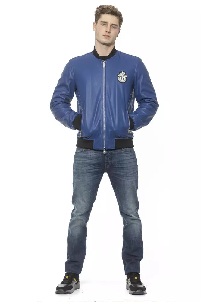 Blue Leather Men's Bomber Jacket