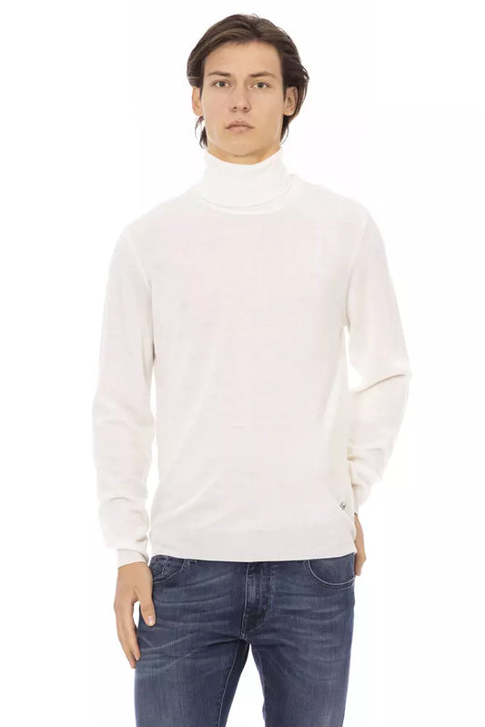 White Fabric Men Sweater with Turtleneck Design
